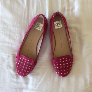 Pink suede studded loafers